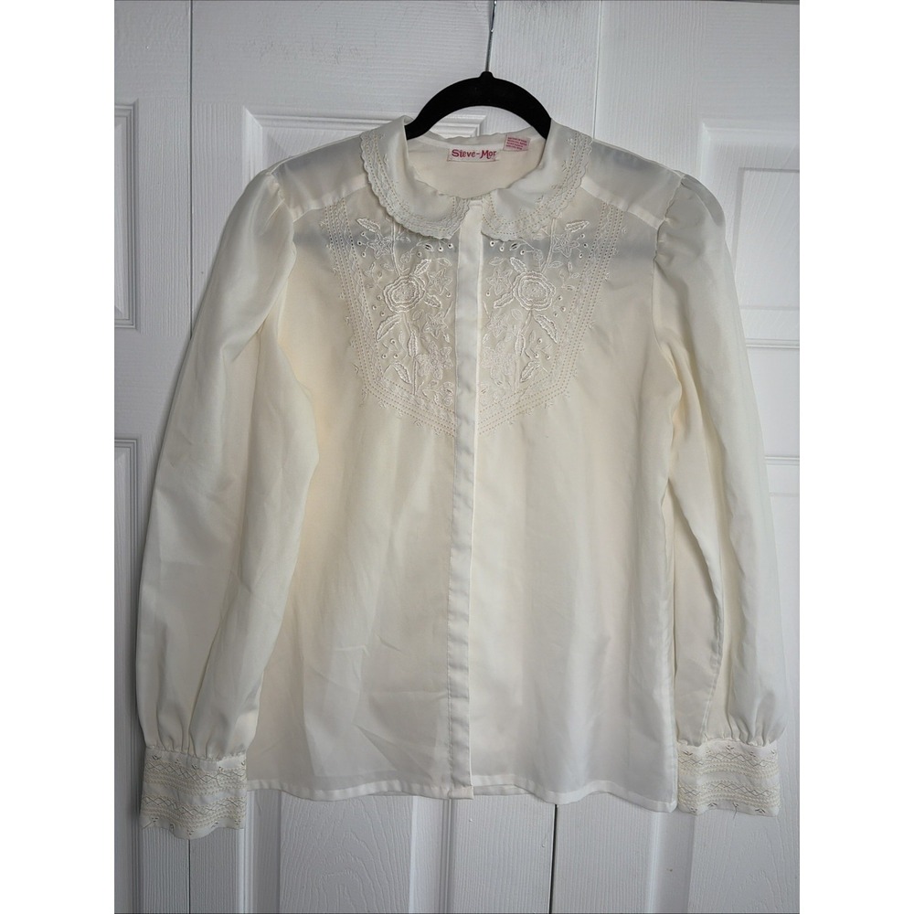 Sieve-Mor Vintage Embroidered Blouse Womens Size 12 Ivory Cream Cottagecore Top